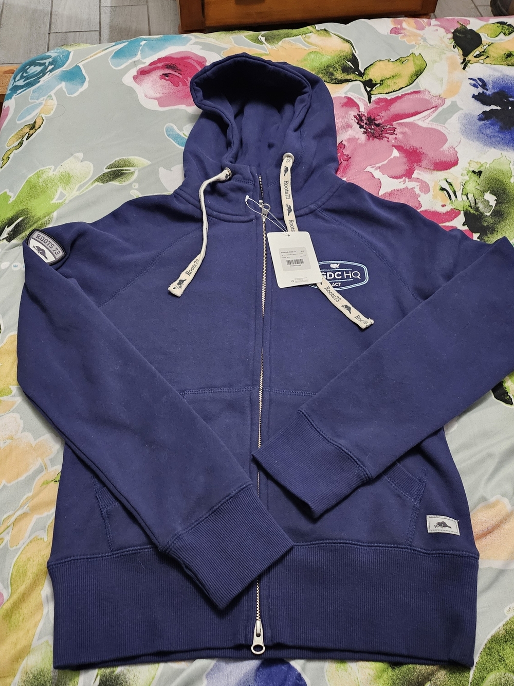 Roots Navy Zip-Up Varsity Hoodie with White Drawstrings
